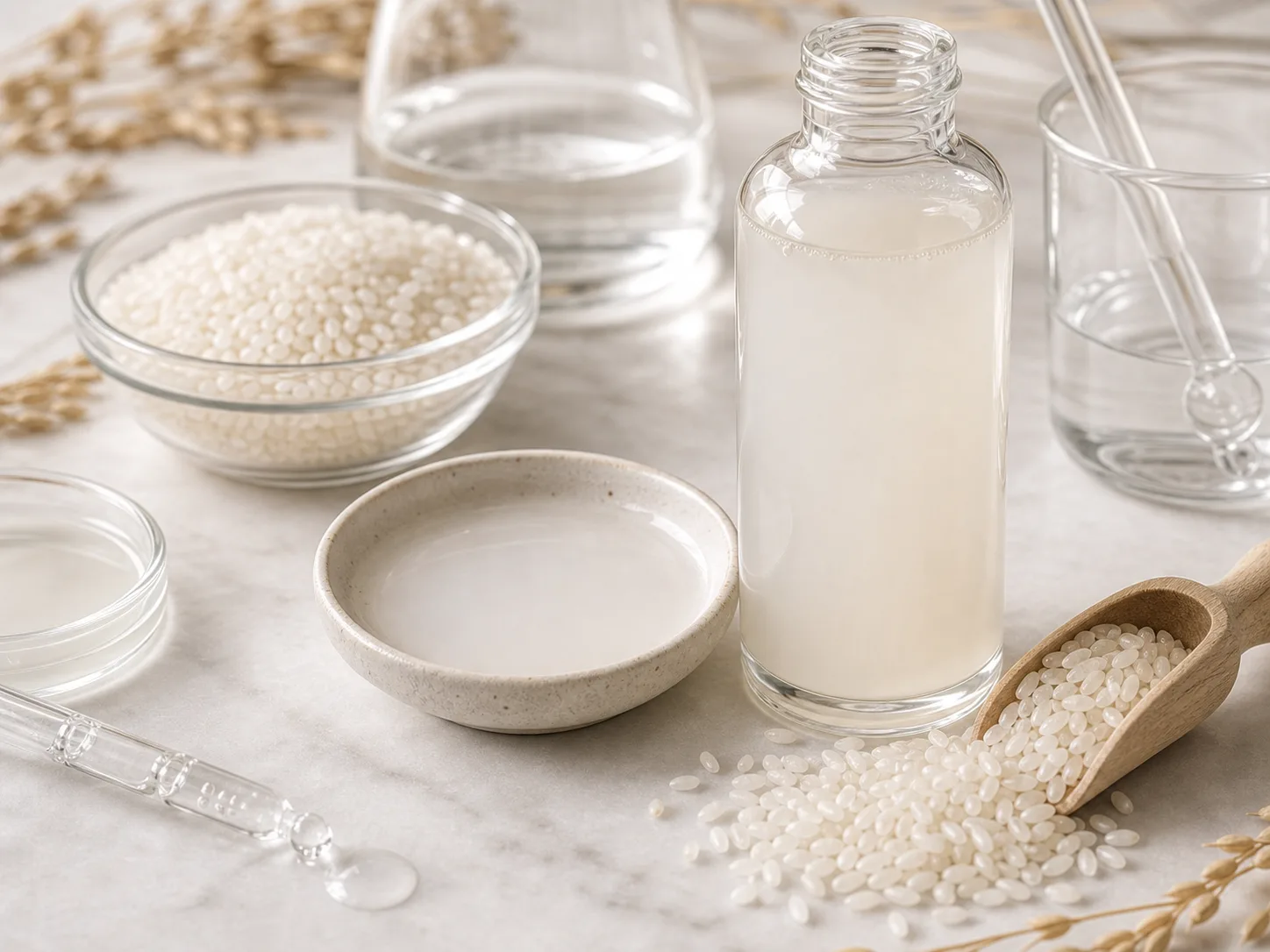 Rice Extract 원료와 화장품 제형 질감을 보여주는 이미지