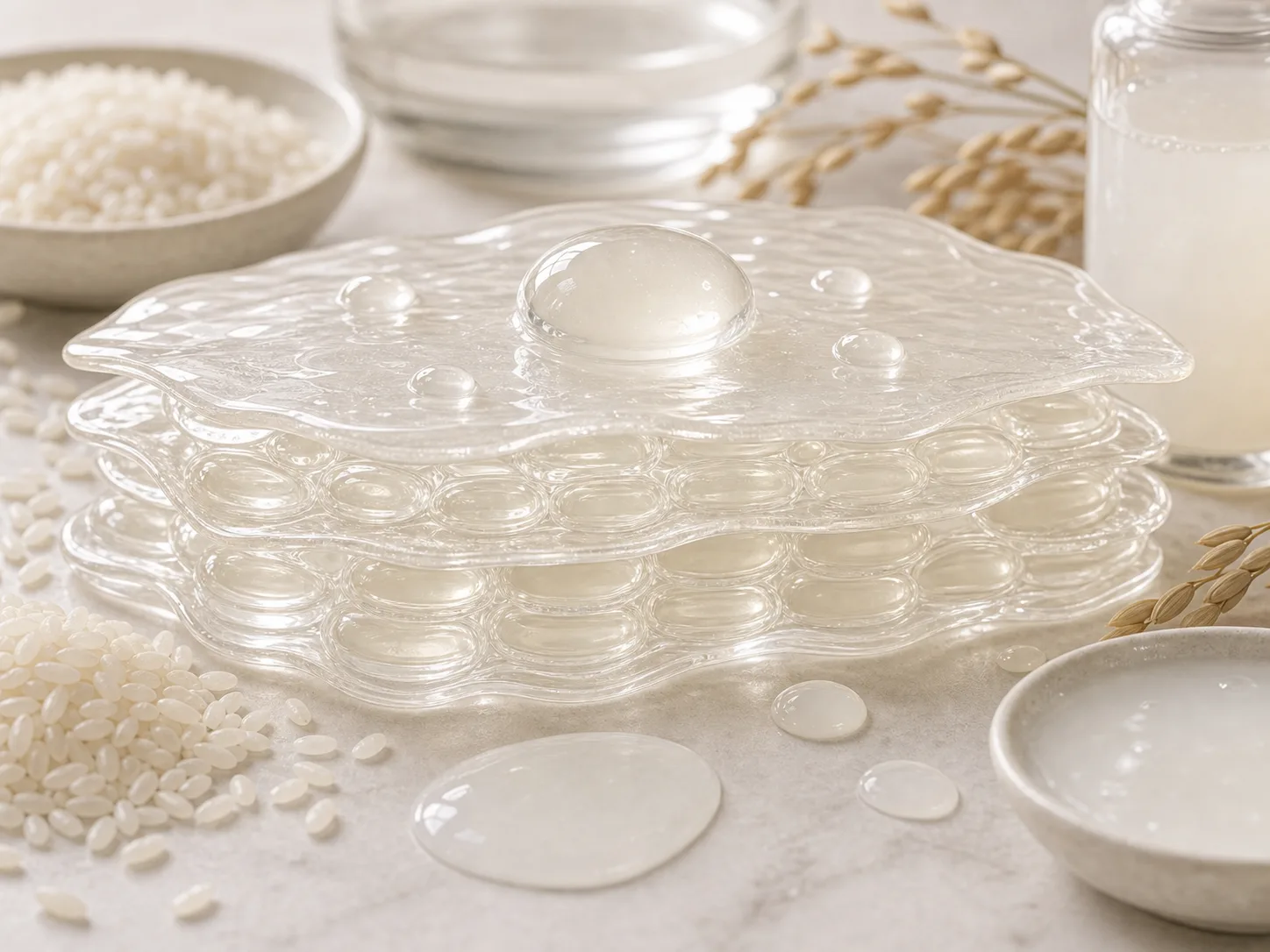 Rice Extract와 피부층 흡수 및 장벽 맥락을 설명하는 이미지