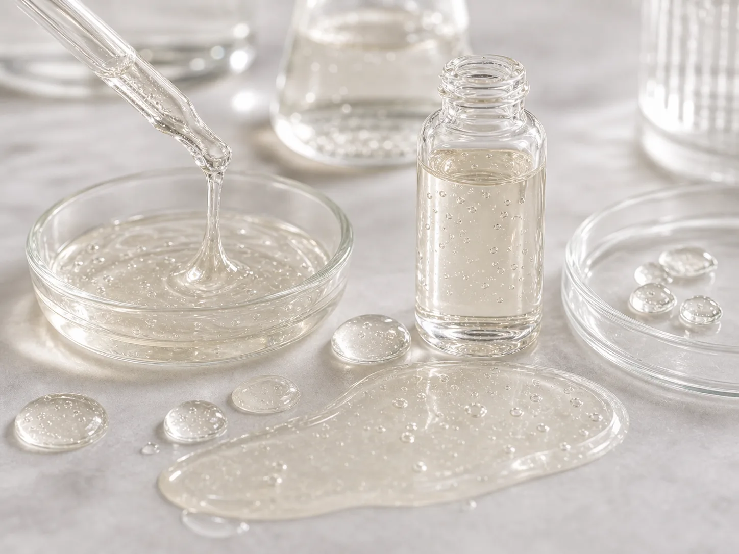 Snail Mucin 원료와 화장품 제형 질감을 보여주는 이미지
