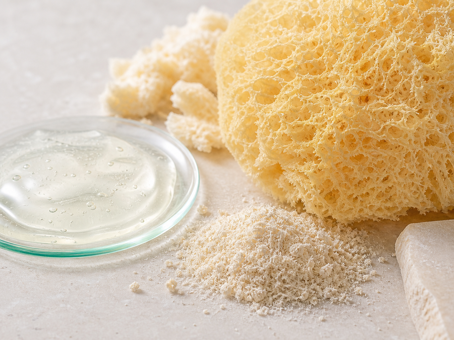 Hydrolyzed Sponge 원료와 화장품 제형 질감을 보여주는 이미지